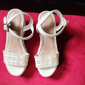 Cream Ankle-Strap Wedge Sandals with Braided Front